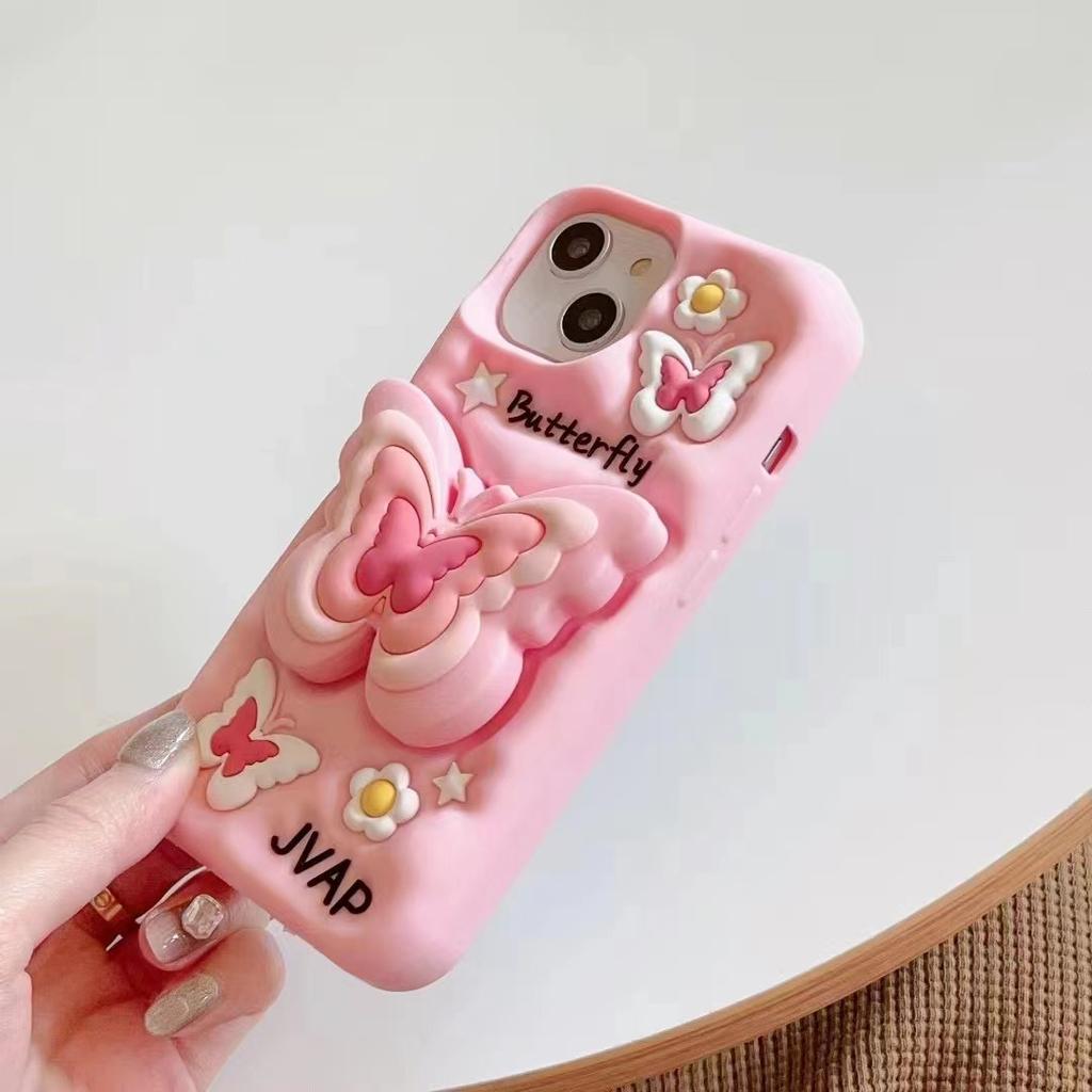 Cute 3D Pink Butterfly Silicone Phone Case For iPhone 16 15 14 13 12 11 Pro Xs Max X Xr Lovely Shockproof Soft Cover