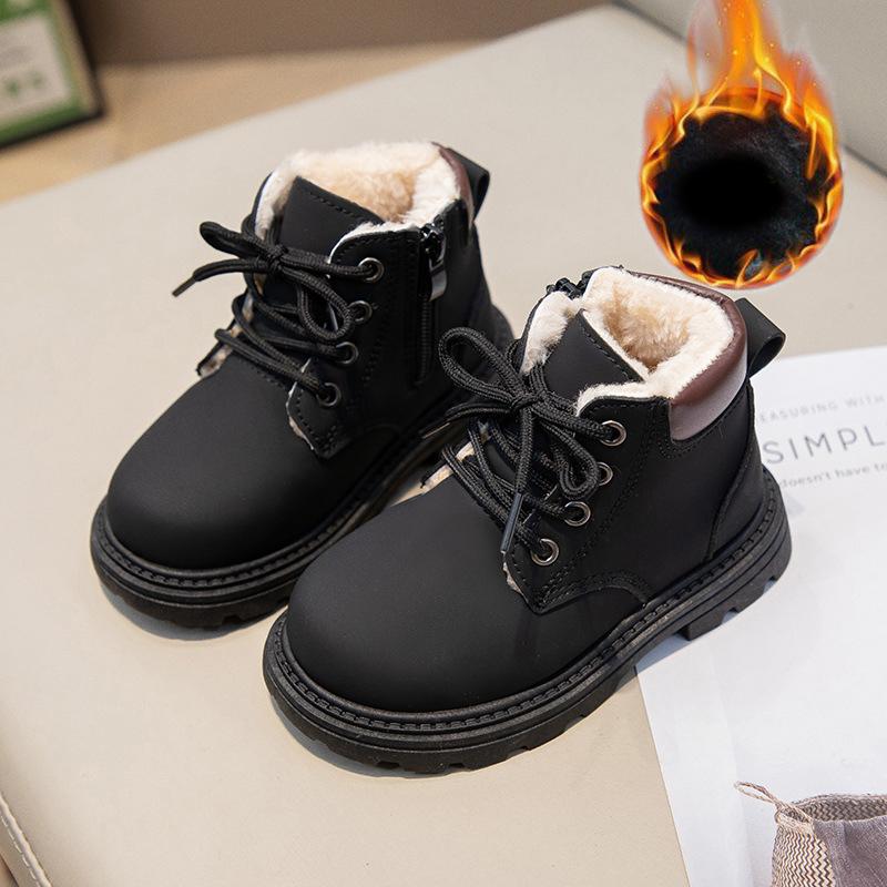 Children's Fashion Boots Winter Thickened Boys Girls' Anti Slip Warm Leather Boots Side Zipper Solid Color Kids Casual Shoes