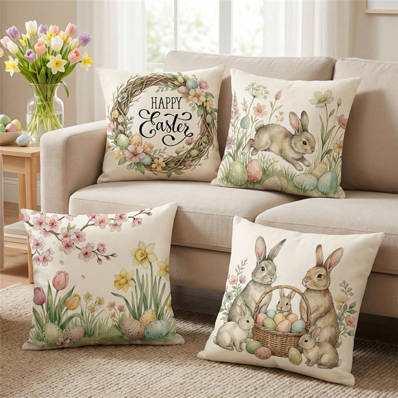 VIKAMA Easter Happy Pillow Cover Rabbit Easter Eggs Living Room Sofa Cushion Cover Office Chair Cushion Cover Home Decor