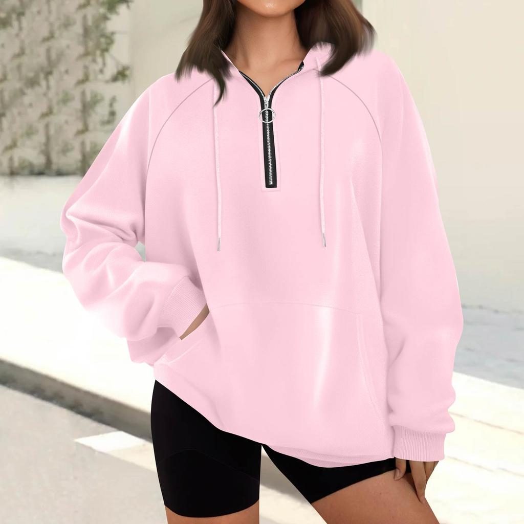 Women's Casual Fashion Long Sleeve Solid Color Zip Hooded Sweatshirt Top With Pocket