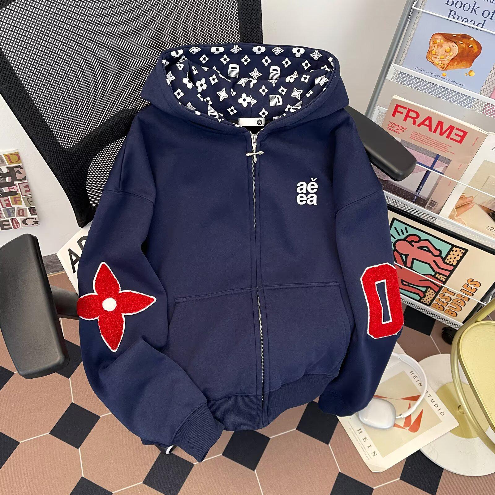 Unisex Embroidered Terry Cloth Hooded Cardigan - Trendy Autumn/Winter Fashion XL