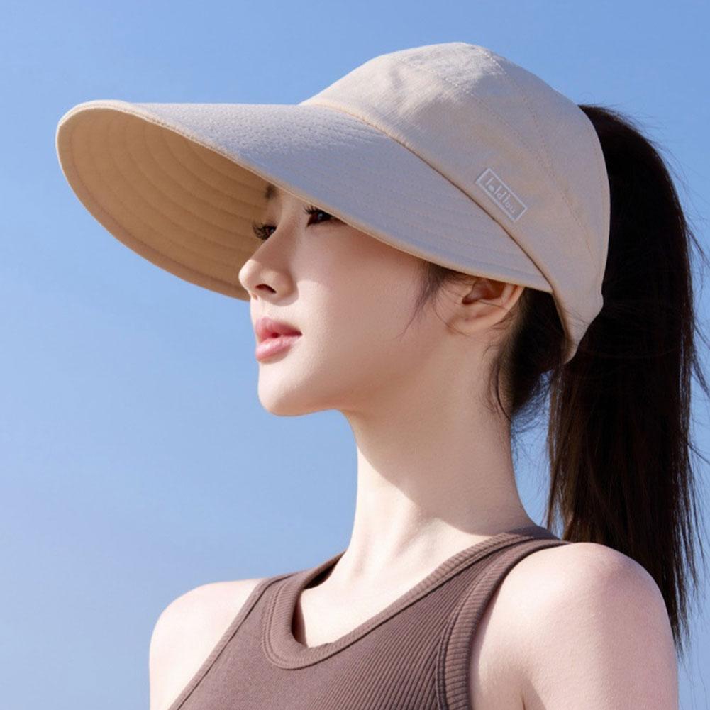 Women Empty Top Wide Brim Sun Hat Foldable Ponytail Cap UV Protection Windproof Hard Brim Adjustable Beach Riding Summer Hat