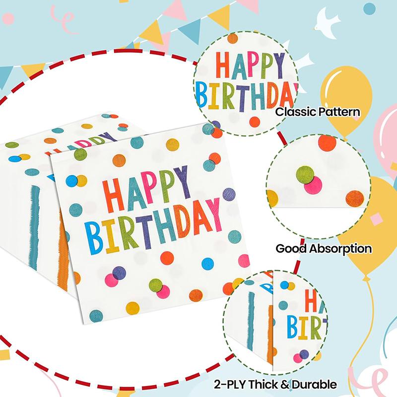 20Pcs Happy Birthday Paper Napkins, Disposable Cocktail Napkins with Colourful Dots for Kids Birthday, Baby Shower Party