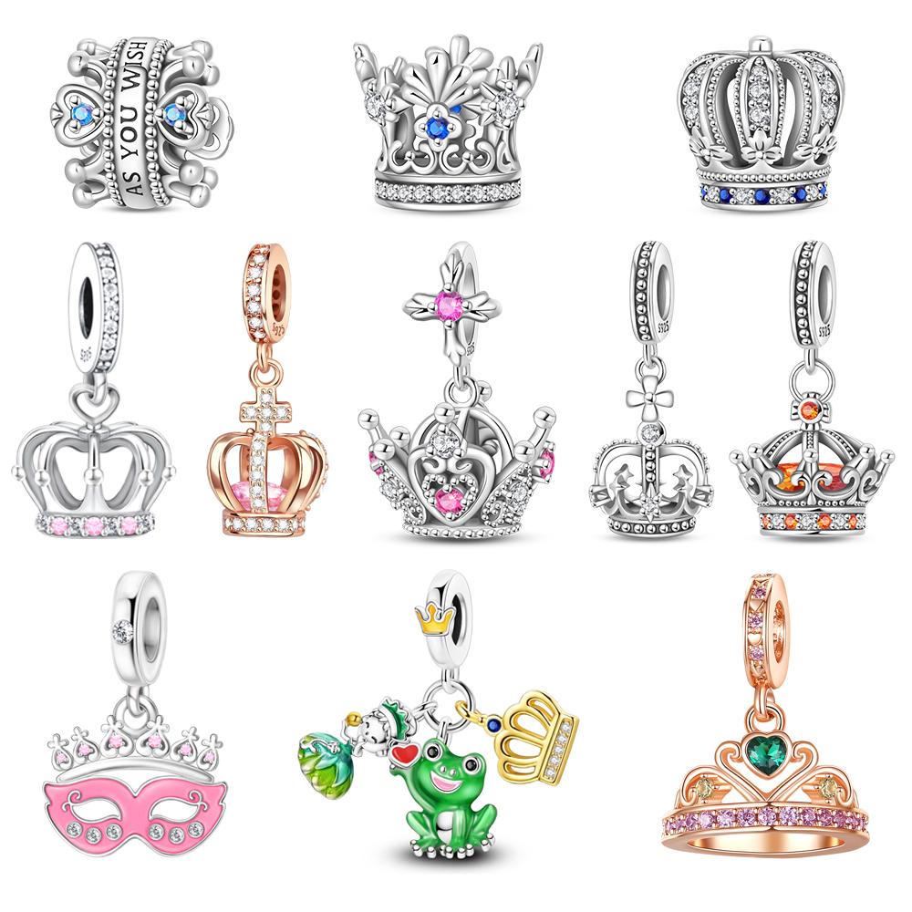 Classic 925  Silver King Of The Forest Beads & Shiny Rose Gold Crown Dangle Charm Fit Bracelet Beautiful Jewelry Gifts