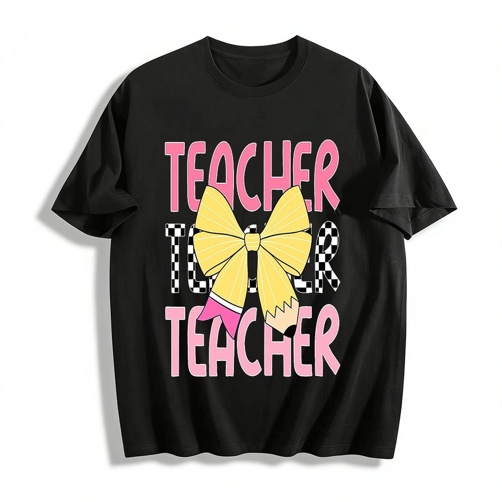 Cute Pencil Bow Print Teacher Themed Casual Top Pure cotton T-shirt XXS