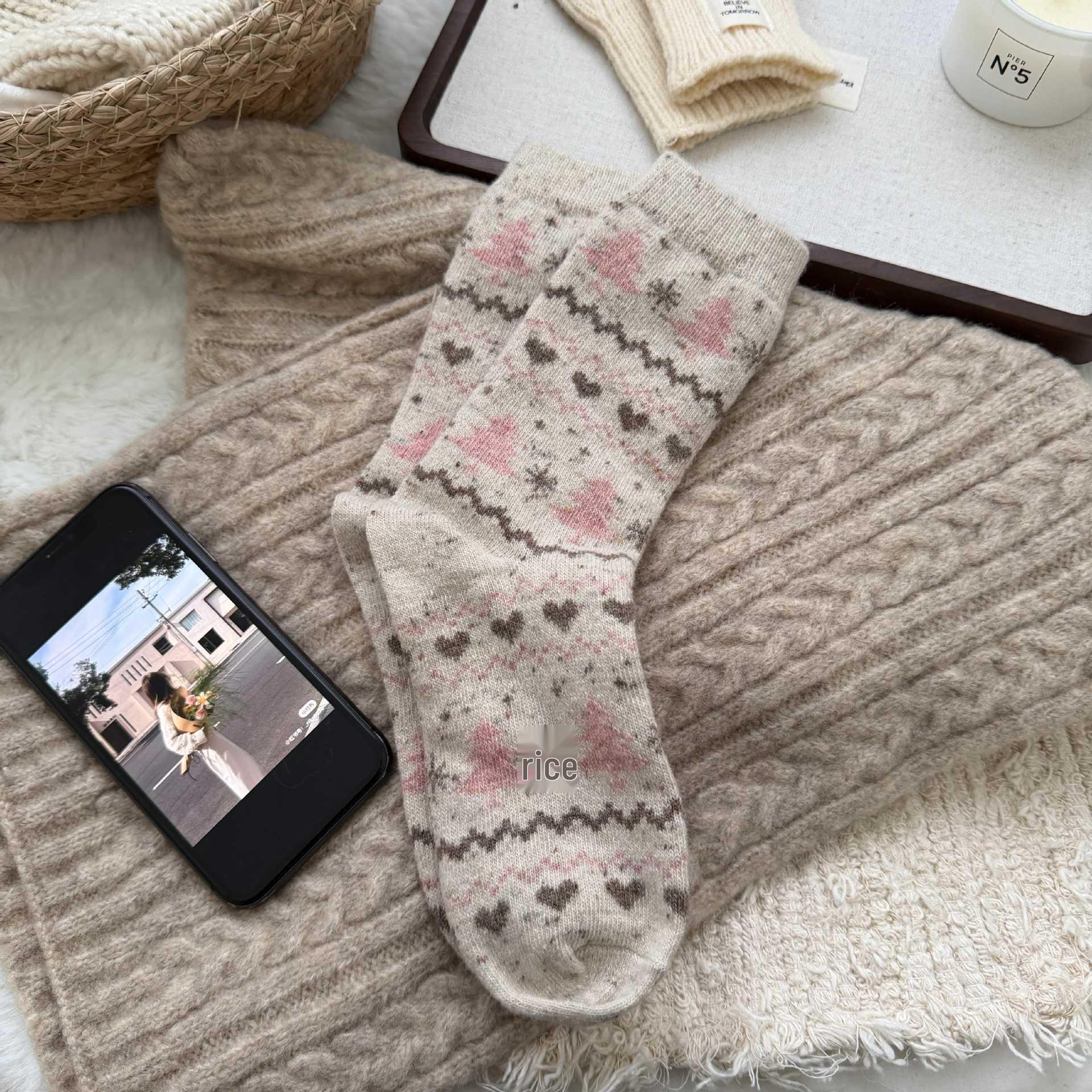 

Праздничные носки до середины икры из шерстяной пряжи с узелками - японский стиль Харадзюку, ретро, мори для женщин бежевый