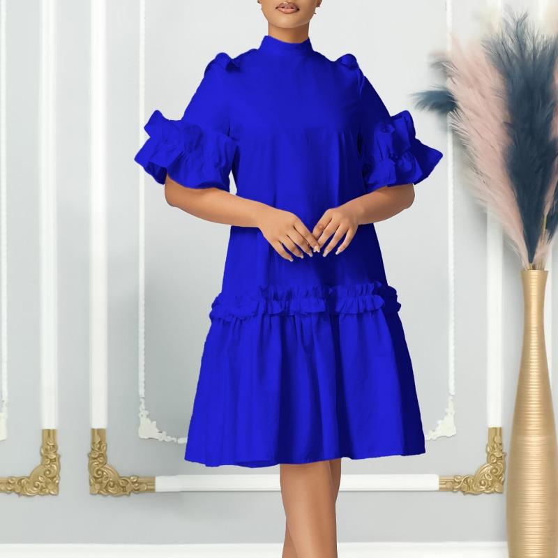 Women's summer new fashion solid color style fungus edge A-shaped dress African dress