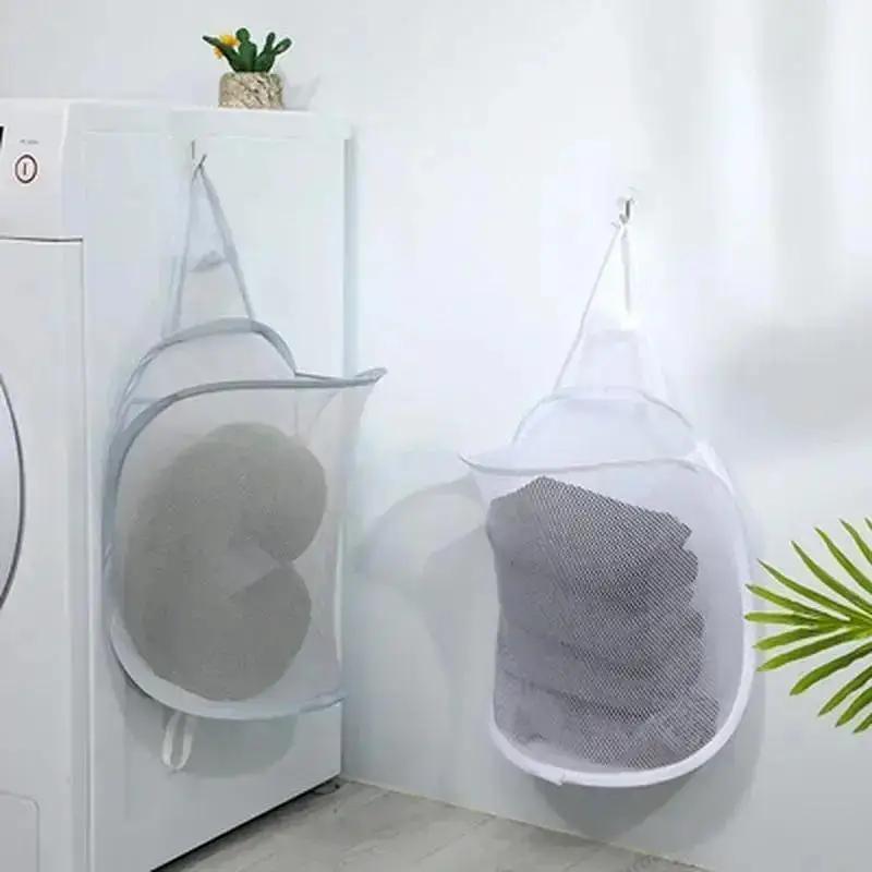 Bathroom Household Foldable Dirty Clothes Basket Laundry Storage Bag Dirty Clothes Towel Mesh Organizer Bag Wall Hanging Basket