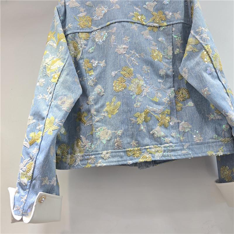 European 2026 Spring Embroidered Sequin Beaded Color Block Denim Jacket