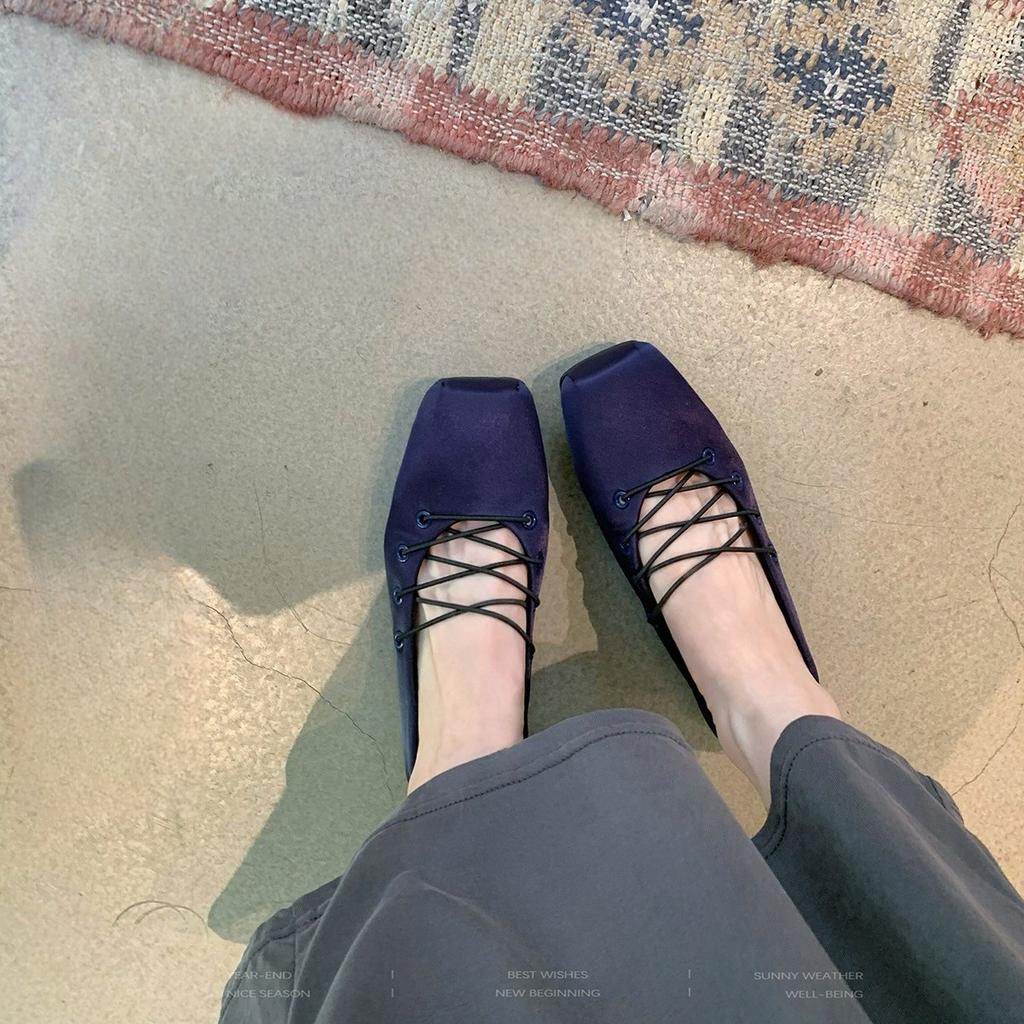 French Niche Design Cross-strap Ballet Shoes Women's 2025 New Satin Square Head Flat Mary Jane Shoes