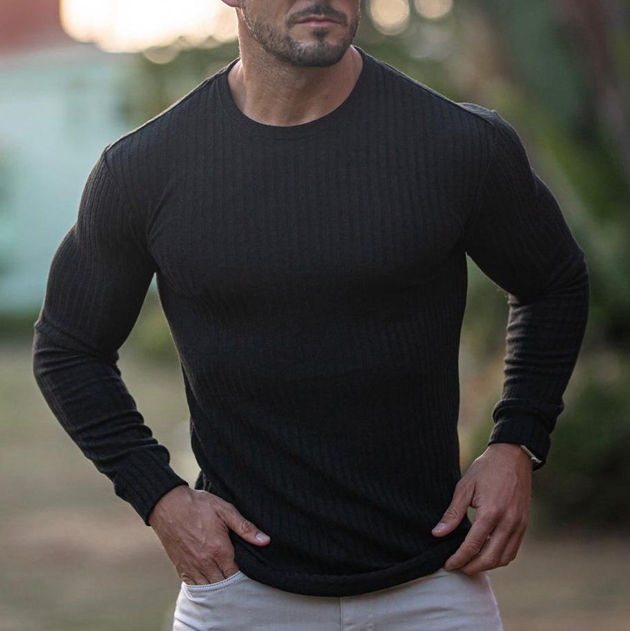 Men Casual Sports Fitness Elastic Vertical Stripe Round Neck Long Sleeve T Shirt