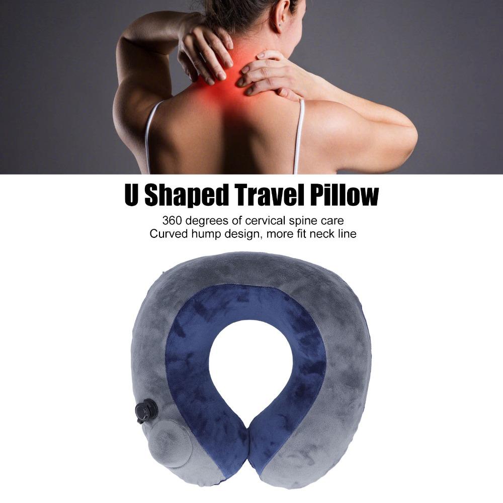 Curved Hump Self-Inflatable Travel Pillow With Storage Bag Dark Blue with Gray U Shaped Neck Pillow Portable