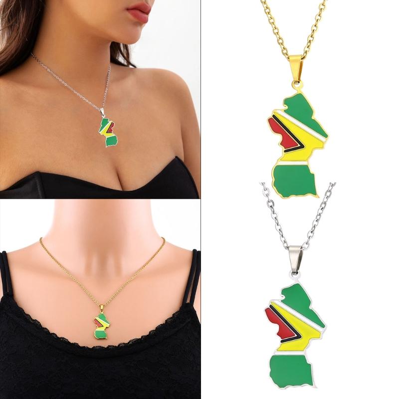 Vintage Guyana Map Necklace Stainless Steel Country Outline Pendant Necklace