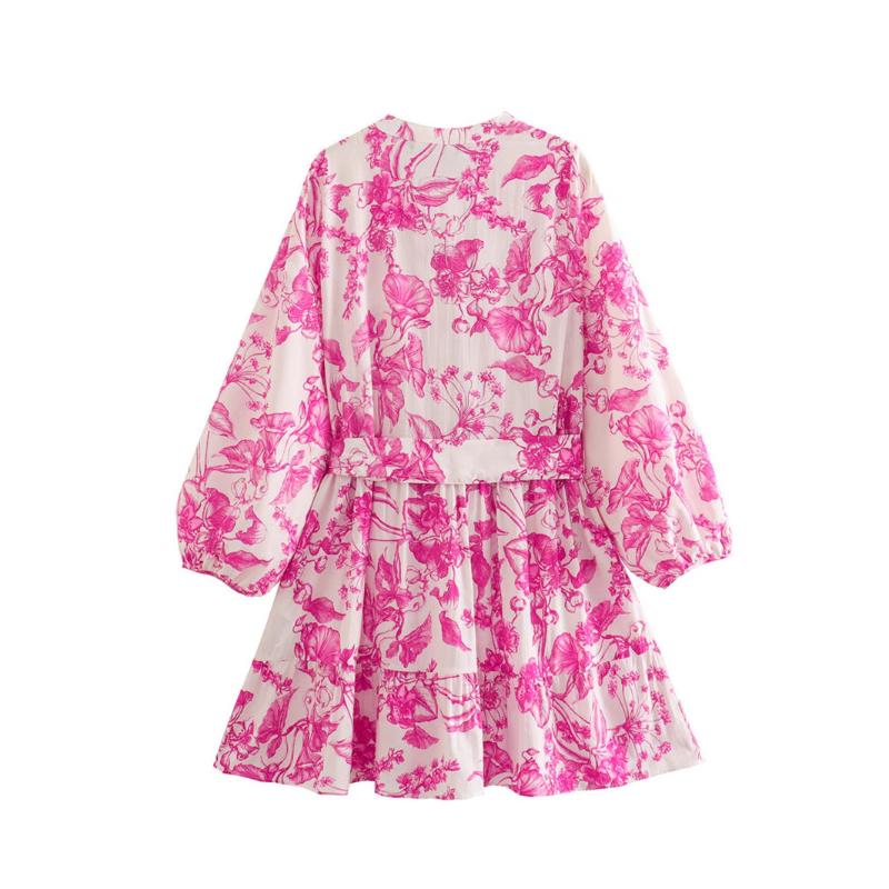 Fashion Pink Print Women'S Dress Elegant Three Quarter Sleeve Lace-Up Dresses Casual New Pleated Mini Dresses Streetwear