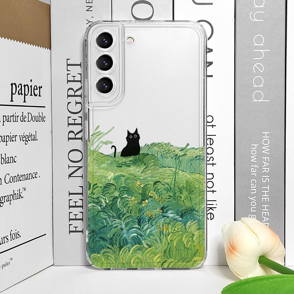Vintage Oil Painting Van-Gogh Black Cat Phone Case for Samsung Galaxy A14 A16 A55 A54 A36 A53 A13 A15 A25 5G Scenery Clear Cover