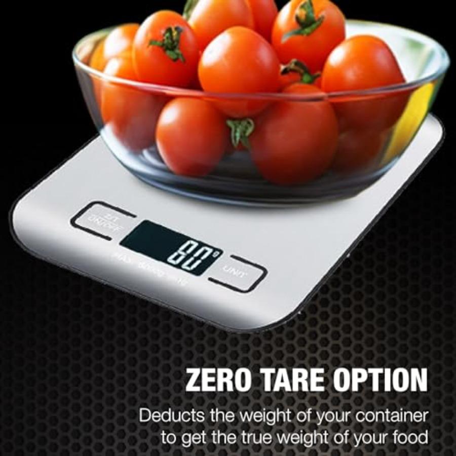 Digital Kitchen Food Scale with 2 AAA Batteries Silver Weighs Up To 11 Pounds Measures In Kg G Lb Oz Ml Zero Tare Option