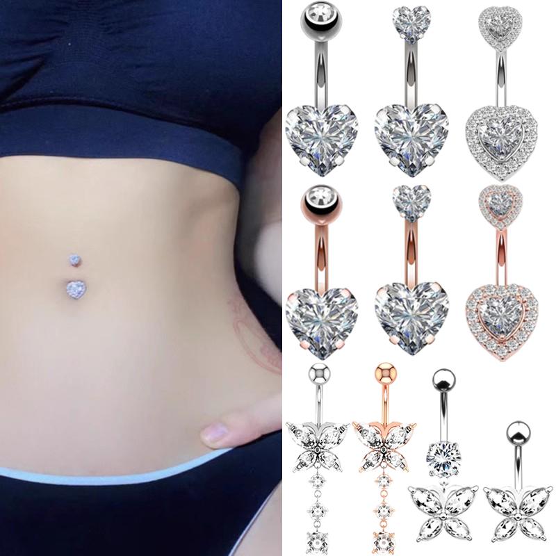 Shiny Zircon Crystal Belly Button Rings for Women Fashion Heart Navel Ring Metal Steel Barbell Butterfly Body Piercing Jewelry