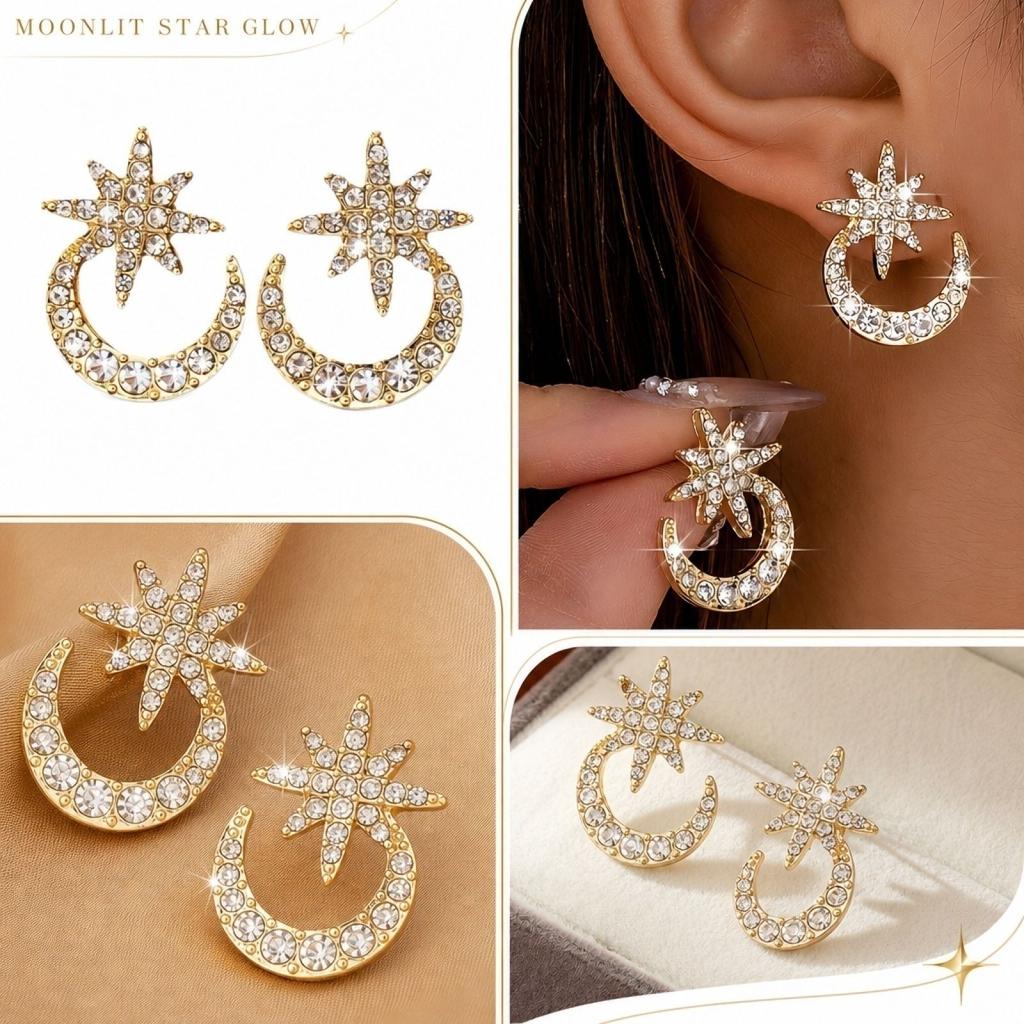Women's Star and Moon Earrings, CZ Stud Earrings