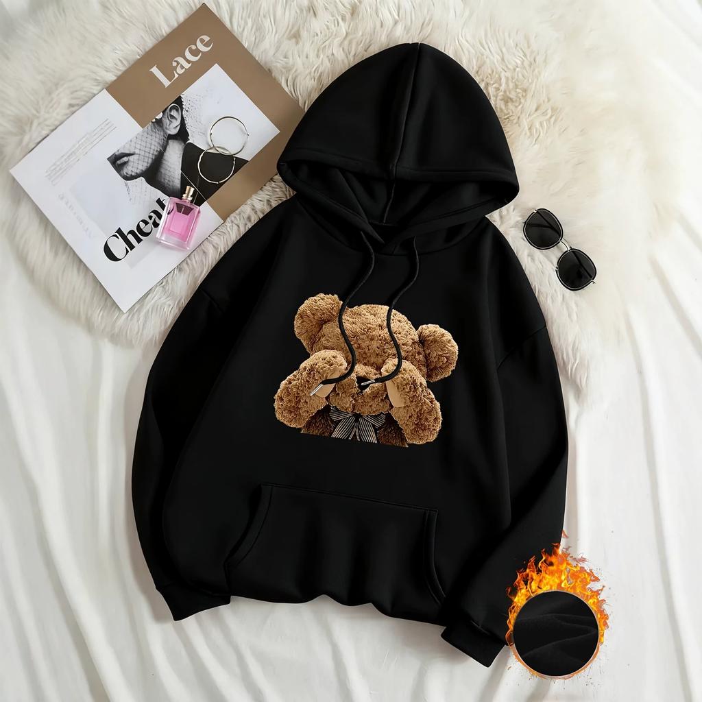 Women's eye-covering teddy bear print hooded sweater autumn and winter velvet loose oversize women's hoodie