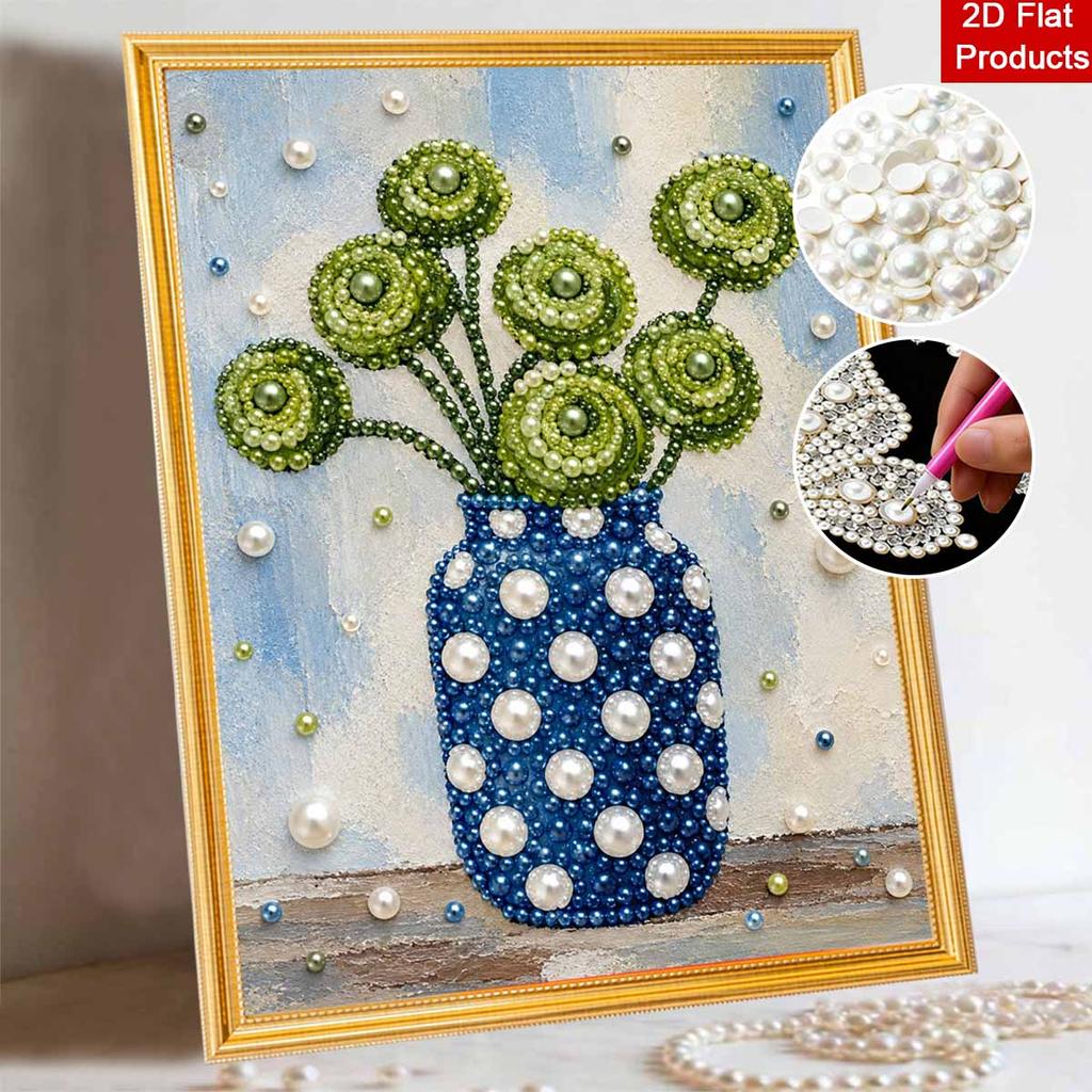 Elegant Framed Pearl Art DIY Set with Green Flower Vase 5D Sparkling Bead Canvas Painting Ready to Display Romantic Home Decor Gift