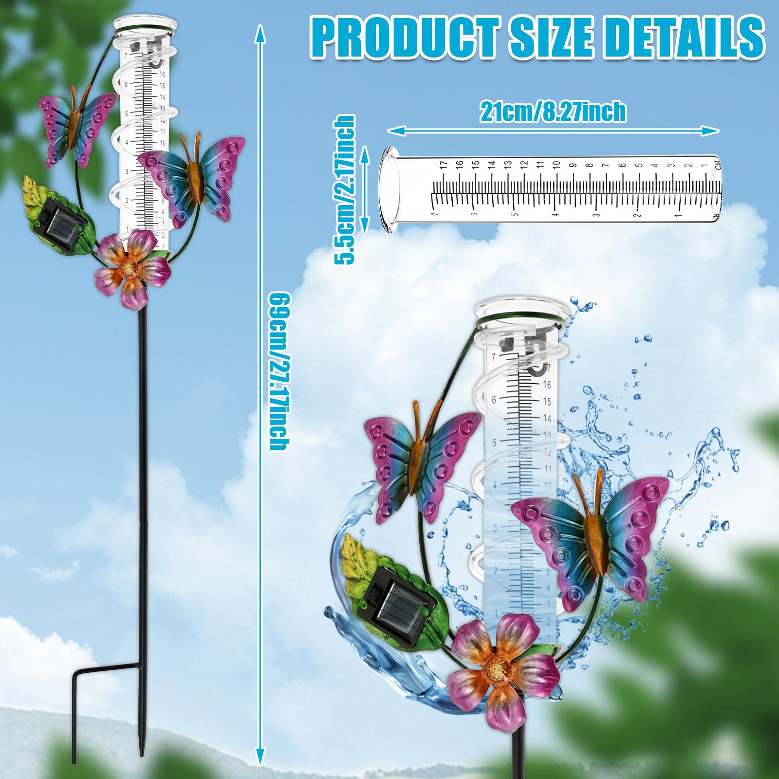 

Solar Stake Rain Gauge Precise Butterfly Decor LED Rain Measure Gauge With Iron Stand Weatherproof Rain Water Meter for Garden