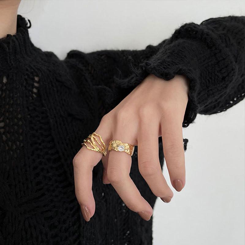 Contemporary Irregular Textured S925 Silver Ring For Women In Trendy Style Geometric