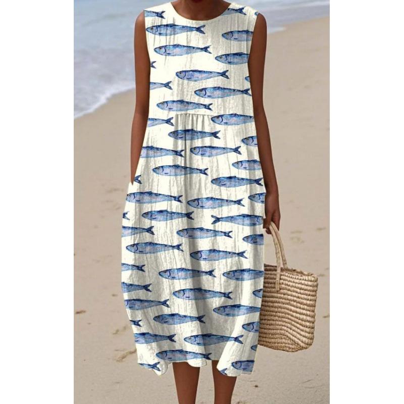 Summer new sleeveless pocket casual printing temperament long dress dress slim dress