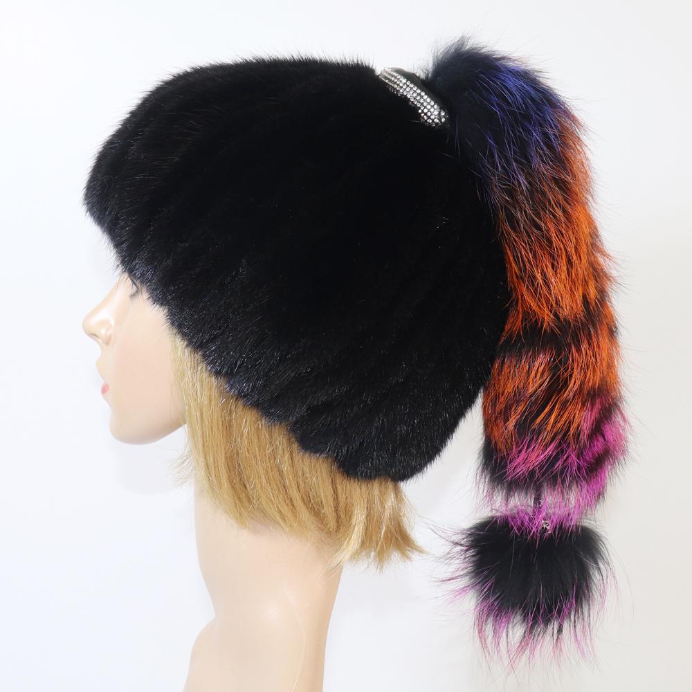 New Women Knitted Real Mink Fur Hat With Fox Tail Luxury Quality Real Mink Fur Cap Lady Winter Warm 100% Real Mink Fur Hats
