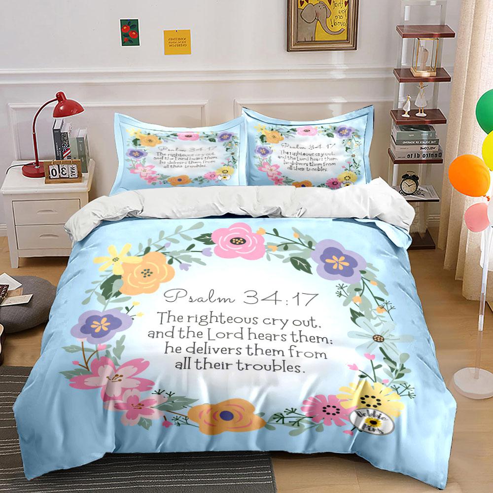 Inspirational Psalm Floral Design Set  Kid's and Adults' Bedroom Decor, Exquisite Three-piece Bedding Set Gift
