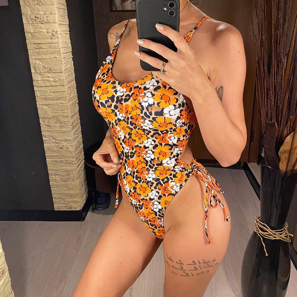 Flowers Printed High Cut Backless Monokini Women Swimwear One Piece Swimsuit Female Padded Floral Bather Bathing Suit Swim
