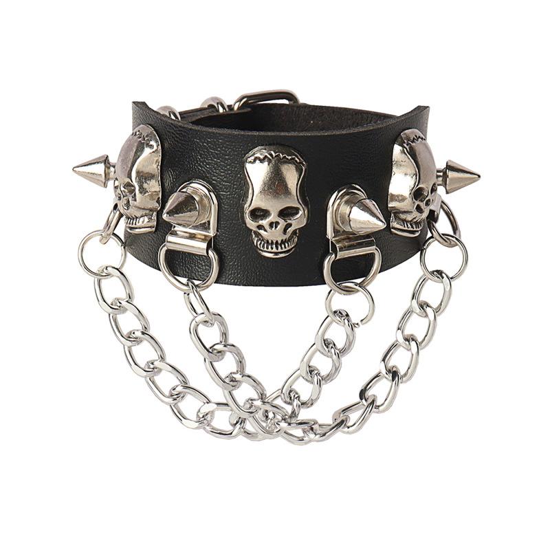 DIEZI Punk Goth Bat Skeleton Wrap Bracelet Women Men Vintage Harajuku Black PU Leather Chain Bracelet Bangles Halloween Jewelry
