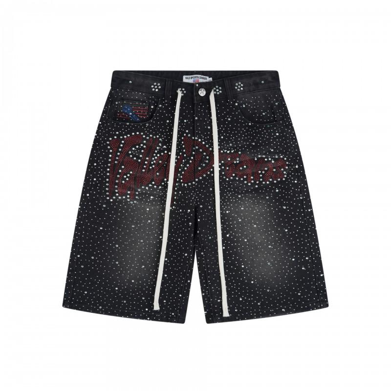 Mens Classic Loose Fit Denim Jeans With All-Over Print Rhinestone Embellishment Straight Cut Casual Streetwear
