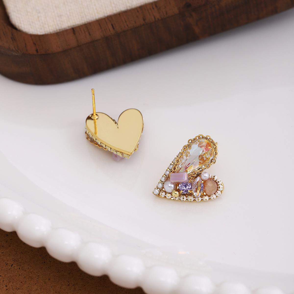 Korean crystal love stud earrings spring and summer versatile niche design exquisite small S925 earrings pearl