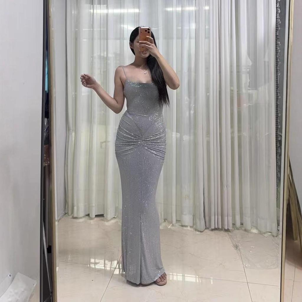 Silver Strappy Bodycon Evening Gown - Long Birthday Banquet Dress