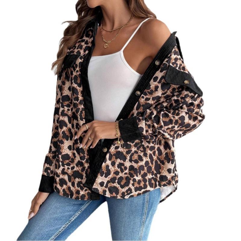 Women S Corduroy Leopard Print Casual Open Front Jacket