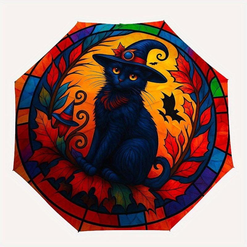 Halloween Witch Cat Stained Cute Window Panel Umbrella, Cute Umbrella with Cute Design, Portable 3-Fold Compact Umbrella for Men & Women, Valentine's