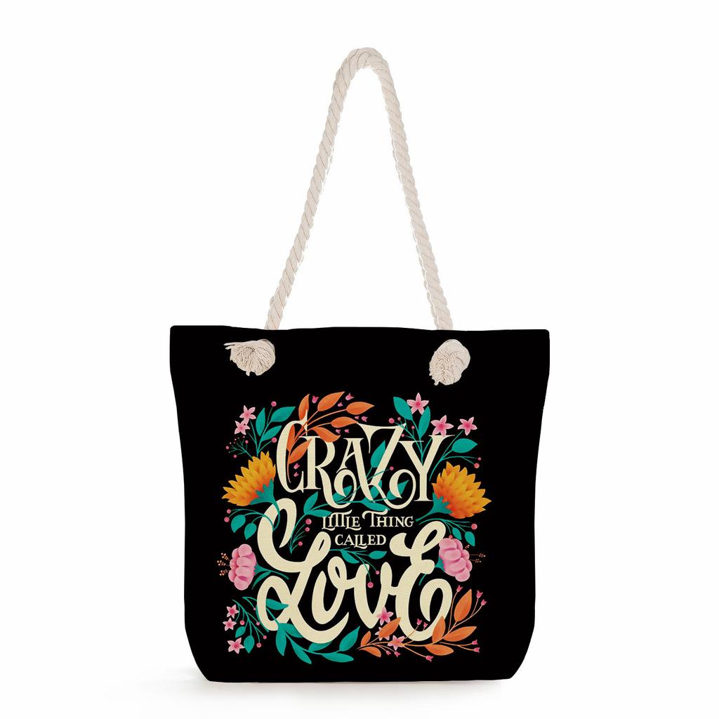 Multifunctional Trendy Letters Printed Thick Rope Shoulder Beach Bag Casual large capacity handbag 7593