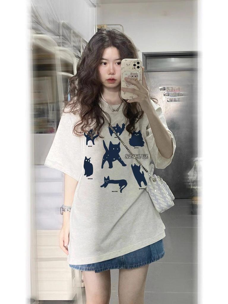Unisex Retro Bawełniany Luźny T-shirt z Krótkim Rękawem dla Osób Plus Size