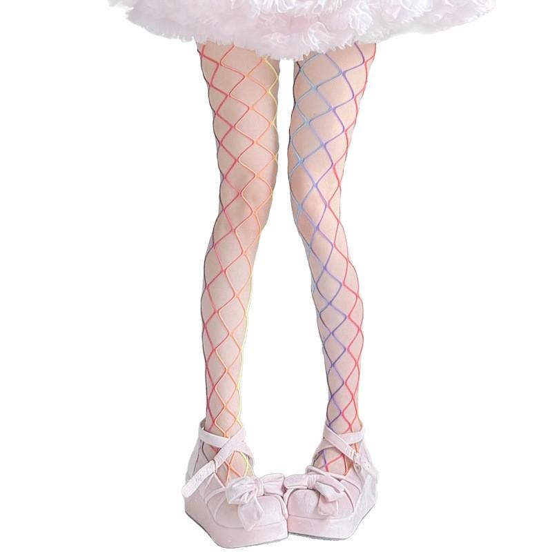 Rainbow Fishing Net Pantyhose Fishing Net Socks Large Dot Drill Women Hollow Bottom Socks With Drill Color Mesh Socks
