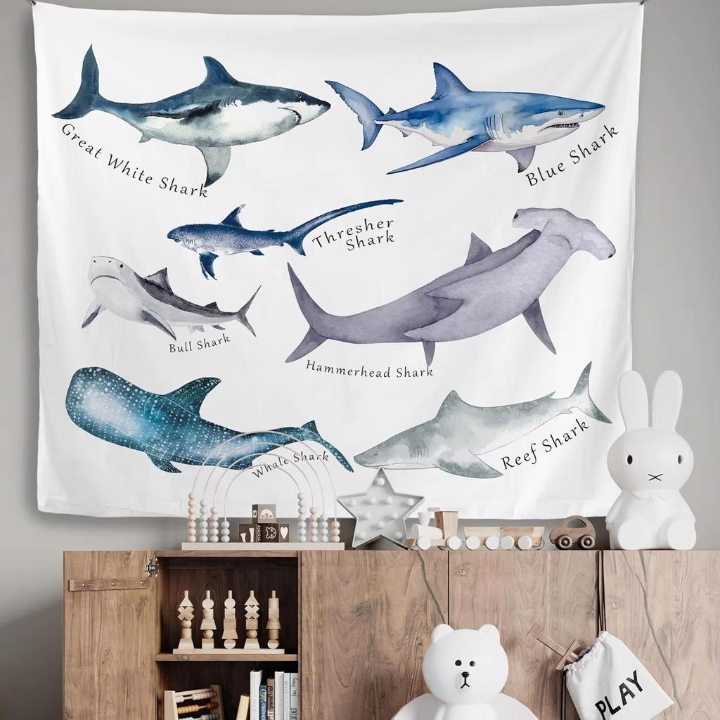Educational Ocean Shark Tapestry, Coastal Beach Wall Hanging With Types Of Sharks For Kids Room Decor Gift