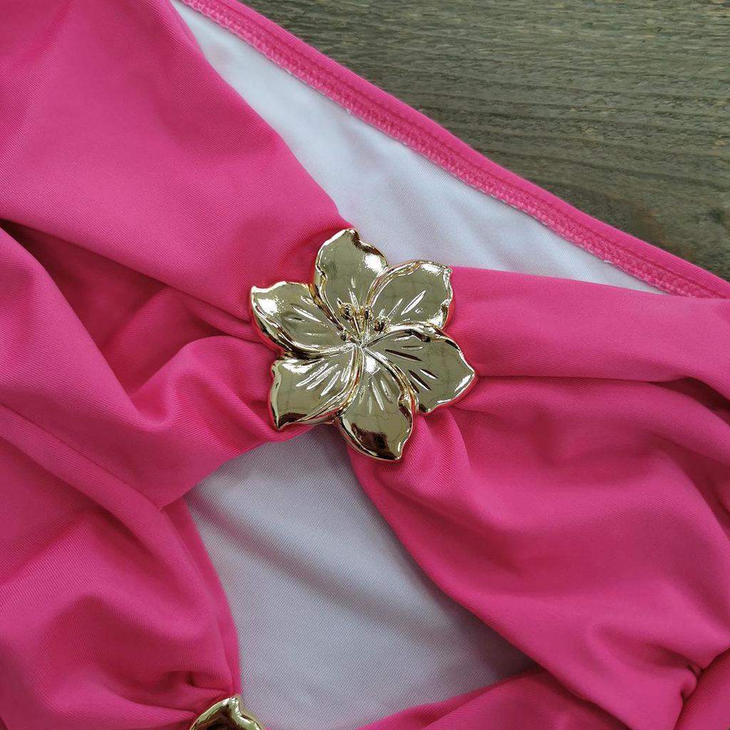 2025 Women's Solid Color One-Piece Swimsuit Set with Short Skirt & Metal Accents