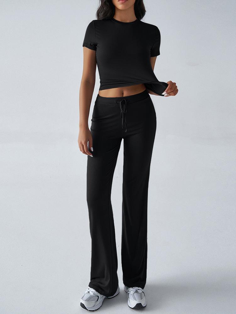 Women's Slim Fit Two Piece Outfit Set Short Sleeve Crew Neck Crop Top Drawstring Waist Straight Leg Solid Tracksuit Loungewear