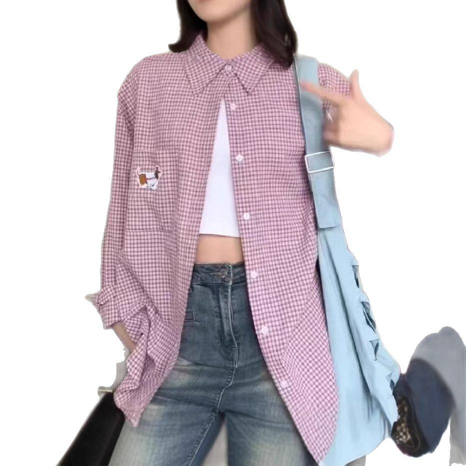 2025 Spring/Summer Women's Embroidered Plaid Shirt: Trendy Loose Layering Jacket