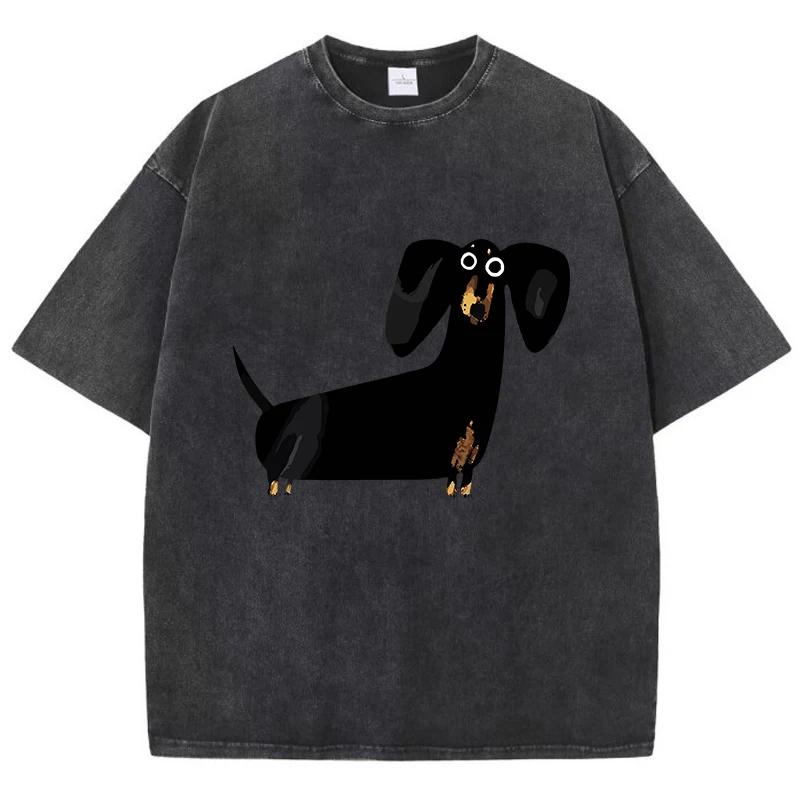 Funny Dachshund Dog Printing Washed T-Shirt Women Cotton T Shirts O-Neck Oversized Acid Wash Tops Summer Clothes