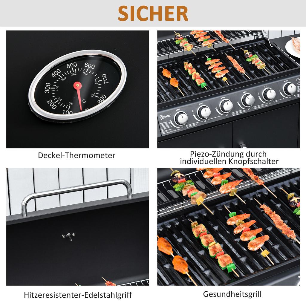 Gas Grill with 7 Burners, Incl. Thermometer, BBQ Grill, Mobile Grill, Black