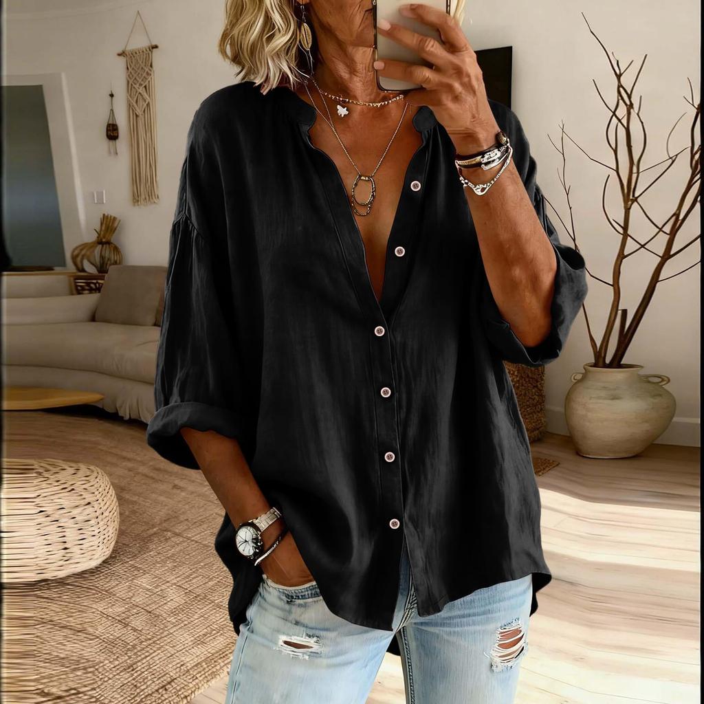 Women’s Fashion Solid Stand Collar Button Up Shirt Casual Loose Fit Top with Three Quarter Sleeves and Relaxed for Everyday Wear