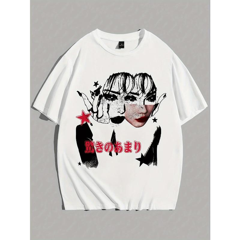 European Size Patterned Portrait Fashion T-Shirt, Men's Casual Sports Loose Short Sleeve Black Shirt with Character Head Portrait