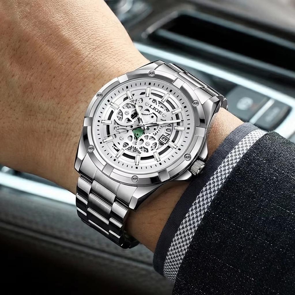 Mens Quartz Watches Top Brand Luxury Stainless Steel Waterproof Hollow Out Male Wristwatches