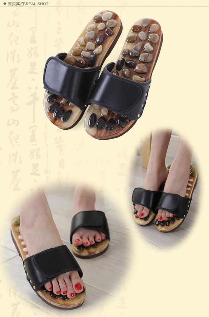 Simple Foot Reflexology Massage Slippers, Healthy Sandals with Leather and Natural Stone (Large 27-28.5cm, Black)