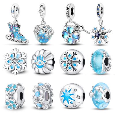 Plata de Ley 925 Chapada Copo de Nieve Invernal Trébol de Cuatro Hojas Separadores Colgantes Aptos para Pulseras Originales DIY Joyería Navideña DIY
